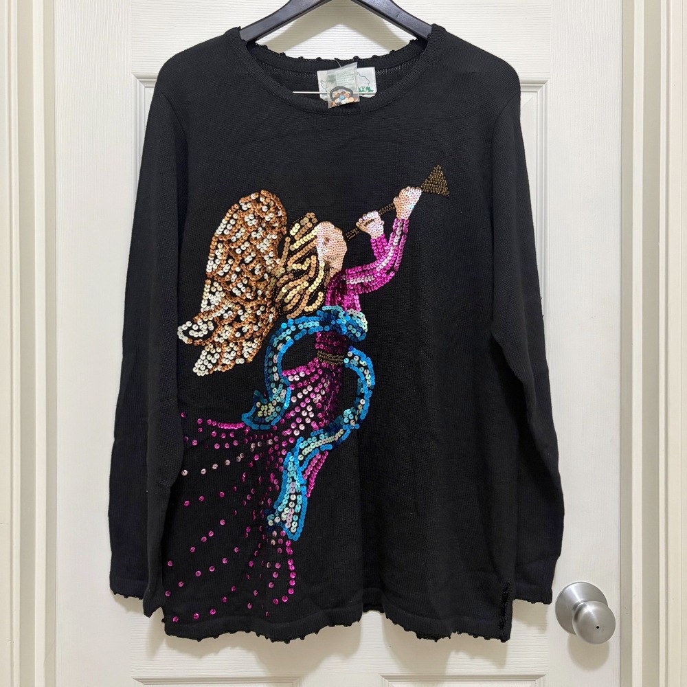 NEW Quacker Factory Sequin Beaded Angel Trumpet Christmas Sweater XL Black